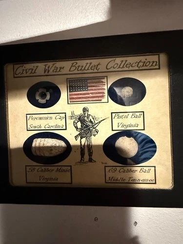 Original Civil War Bullets Relics Collection in Display Case (4 Piece) with COA