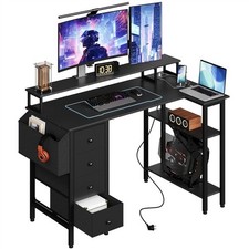 120cm L-shaped Computer Desk with Charging Station, Drawers, Monitor Stand Black