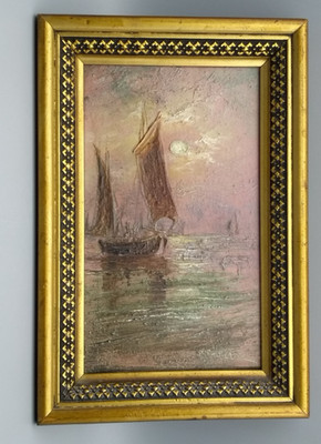 Oil painting/wall art/wooden frame boat at sea motif signed V.Str.