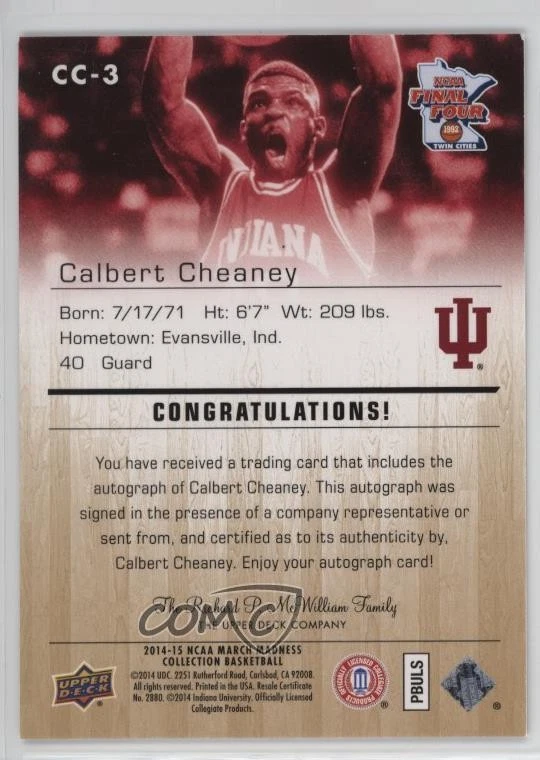 2014-15 Upper Deck NCAA March Madness Collection Calbert Cheaney #CC-3 Auto - Image 2 of 2