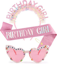 Birthday Girl Sash Glitter Headband Tiara Crown Sunglasses Pink Happy Birthday D