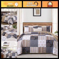 Boho Patchwork Quilt Set King Size 3PC Brown Grey Reversible Bedspread Coverlet