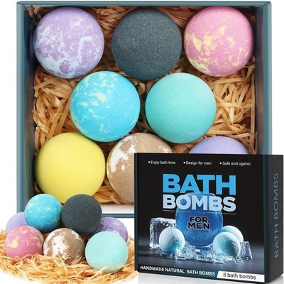 Bath Bombs for Men, 8 Pack Organic Bath Bombs Set with Natural Essential Oils, R