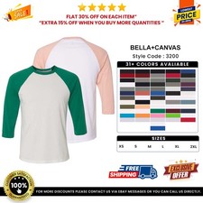 Bella Canvas 3200 Unisex 3/4-Sleeve Baseball Tee Top Moisture Wicking T-Shirt