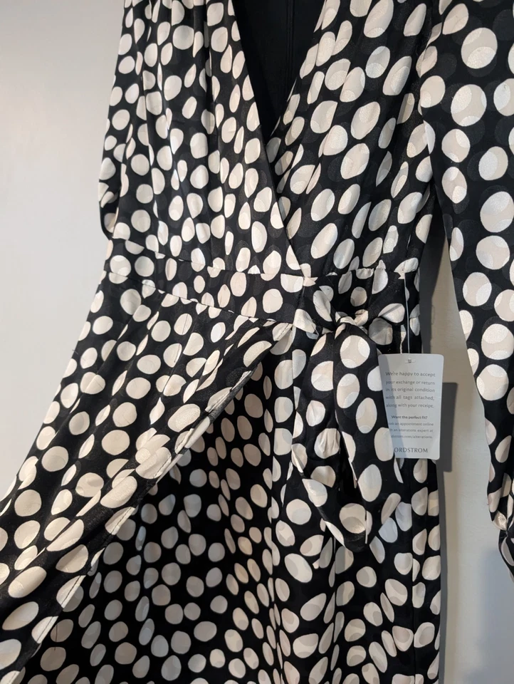Vestido London Times Nordstrom Mujer 10 Negro Blanco Lunares Satinado Manga Larga  Foto 2 de 4