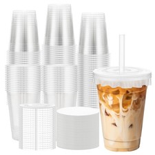 100 Pack 16 oz Disposable Cups with Lids and Straws, Plastic Coffee Cups Iced...