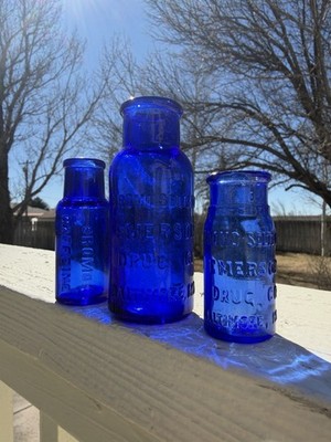 3 Cobalt Blue Bromo Seltzer Emerson Bottles Bottle Baltimore Maryland Medicine