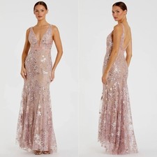 NEW NWT Mac Duggal Floral Embellished Plunge Neck Gown In Rose Pink SIZE 0 $698