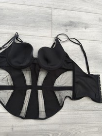 Ann Summers Black Wet Look & Sheer Mesh Strappy Stars Corset Top Size Mdm 10-12