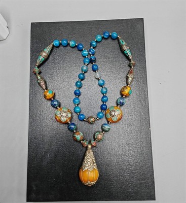 Vintage Style Blue Agate Statement Necklace Amber Filigree Teardrop Pendant 