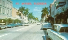 Downtown Ft Myers Florida FL Postcard Old Cars Shopping Center Area Palm Trees 