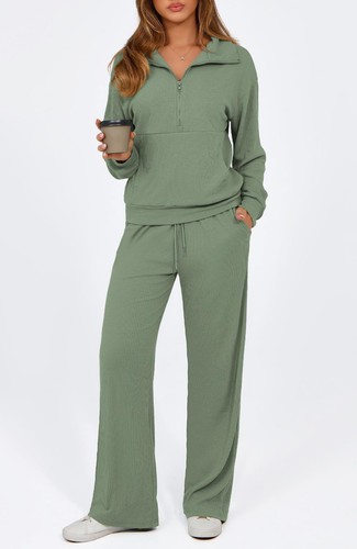 Womens 2 Piece Sweatsuits Set Long Sleeve Half Zip Pullover Sweatshirt Wide L... - Picture 2 of 9