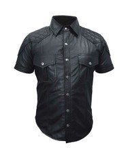 Men's Genuine Cowhide Leather Black Shirt With Quilted Shoulders Bluff Shirt