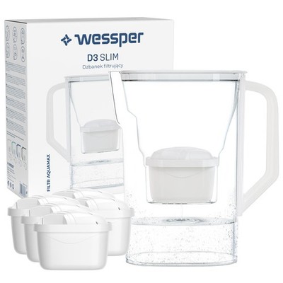 Wessper Wasserfilter Kanne Slim 2,7L + 5 Kartuschen   reduziert Kalk & Chlor