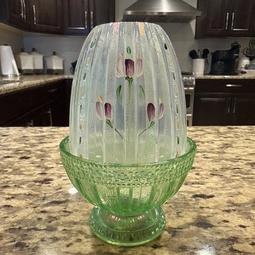 Fenton Opalescent Faberge Fairy Lamp - green base - 5” H