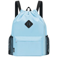 Drawstring Backpack with Shoe Compartment Water Resistant Cinch Light Blue