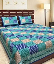 Indian Jaipuri Flat Sheet Multicolor Double Bed Sheet With 2Pillow Cover 90x108