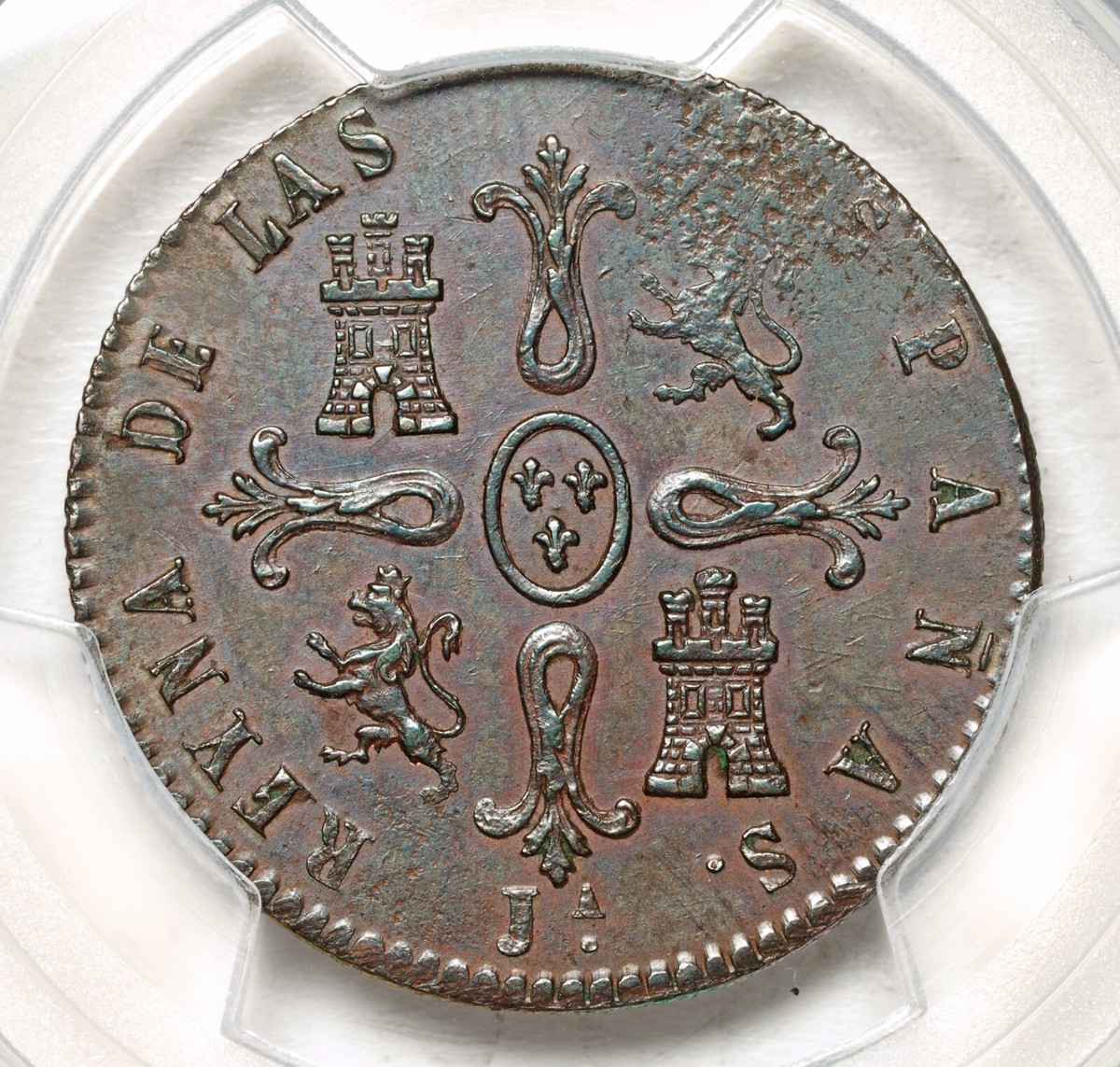 1846, Spain, Queen Isabella II. Copper 8 Maravedis Coin. Top