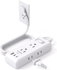 Flat Plug Power Strip, Ultra Thin Extension Cord, 6 Outlets 3 USB Ports 2 USB C 