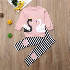NEW Swan Girls Ruffle Shirt Striped Leggings Outfit Set 2T 3T 4T 5T 6