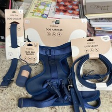 Wild One Dog Harness Collar Leash Poop Bag Matching Set Blue Large
