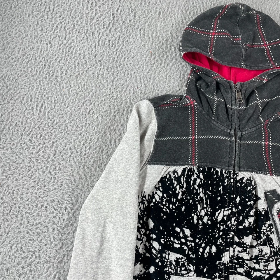 Sudadera con capucha vintage Y2K Roxy cremallera completa para mujer talla pequeña gris a cuadros corazón naturaleza cremallera Foto 2 de 4