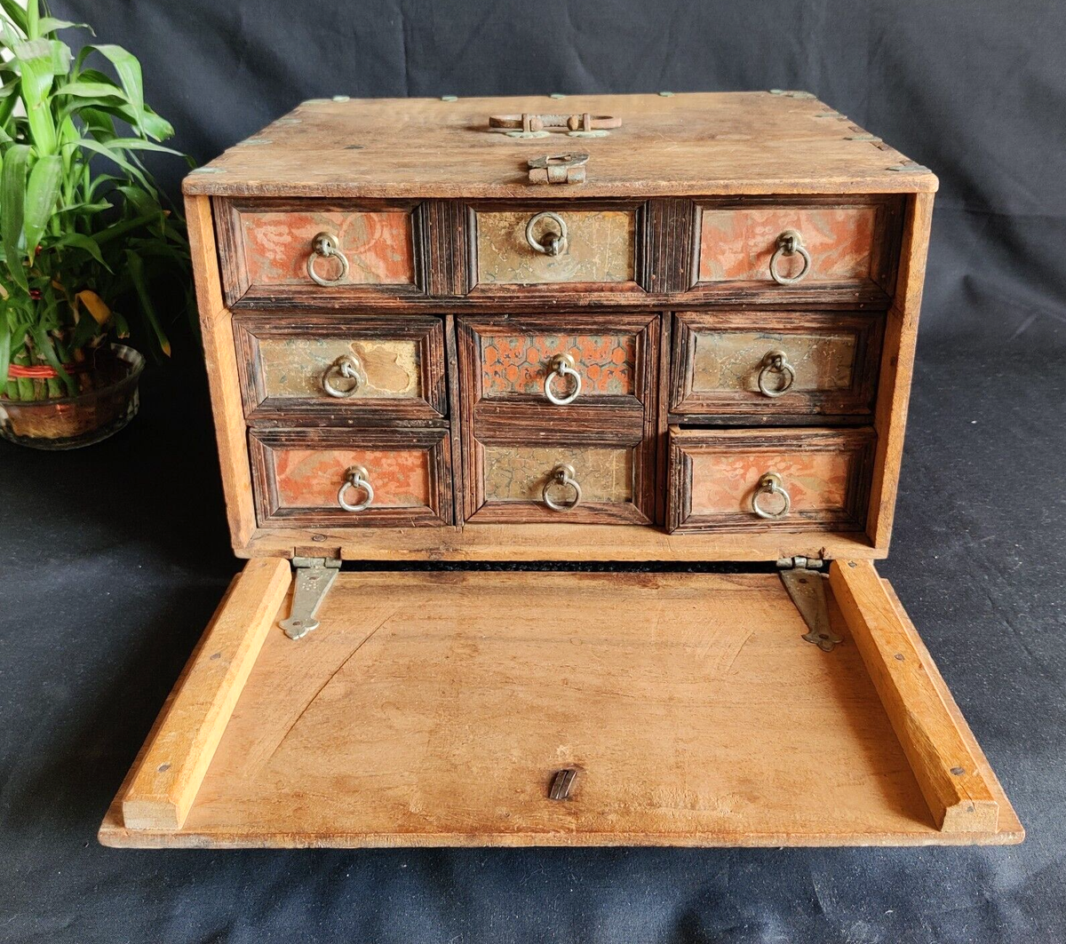 19c Vintage Primitive Treasure Chest 6 Compartments Wooden