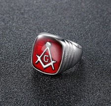 Men's Vintage Red Enamel Masonic Ring Stainless Steel Biker Punk Ring Size 7-15