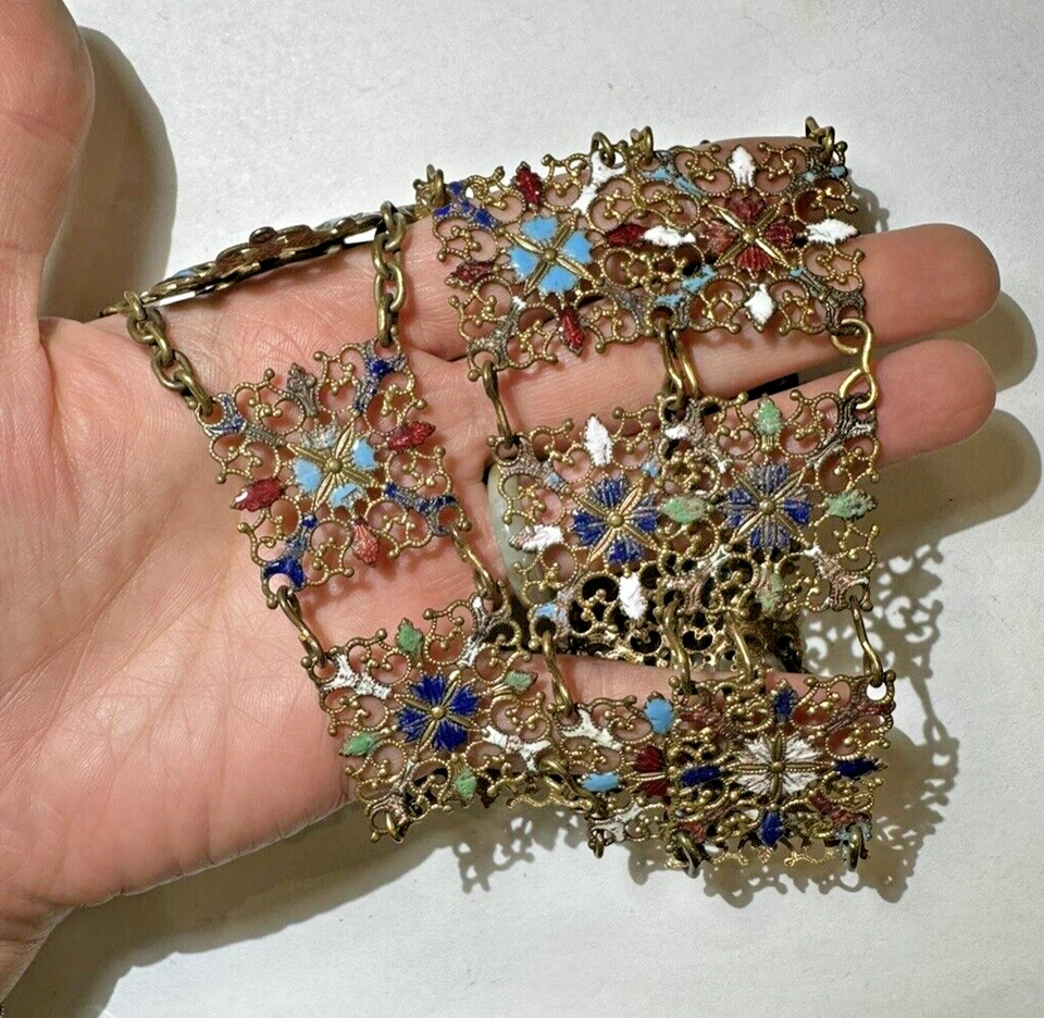 Antique Victorian Blue Red Enamel Gold tone Filigree Buckle 26" Belt Necklace - Image 4 of 4