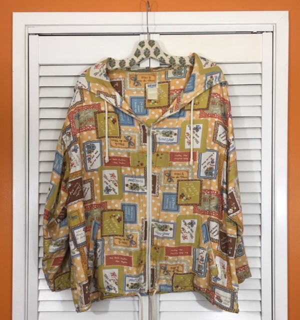 XL Vintage 80's Naf Naf Polka Dot White Blue Peach Rayon Hoodie Beach Jacket