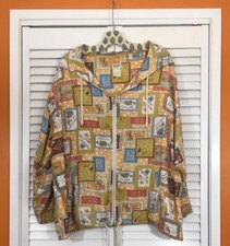 XL Vintage 80's Naf Naf Polka Dot White Blue Peach Rayon Hoodie Beach Jacket