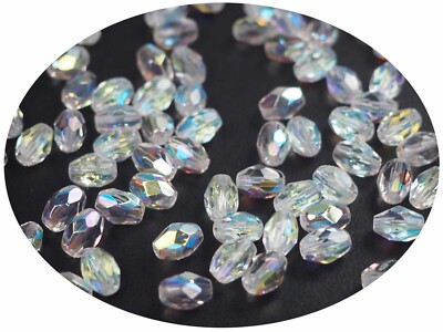 Czech Glass Olive Shaped Faceted Fire Polished Beads 9x7mm Crystal AB coated 50p