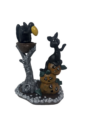 Vintage Ceramic Halloween Black Cat Crows Nest Pumpkins 13.5  hand painted
