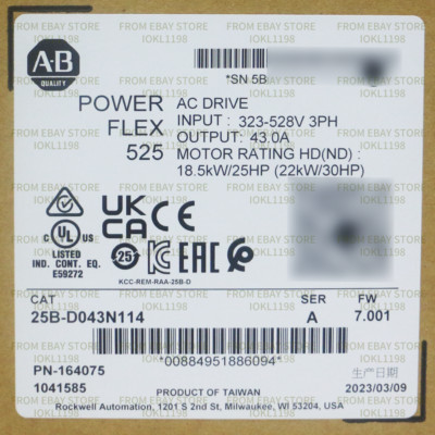 New Factory Sealed Allen-Bradley 25B-D043N114 PowerFlex 525 AC Drive 25BD043N114