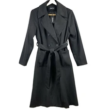 CHARTOU Overcoat Women's Large Black Microfibre Double Breasted Tie Belt Long