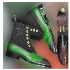 Handmade Men's Black Green Ankle High Button Top Cap Toe Leather Shoes, Sale  