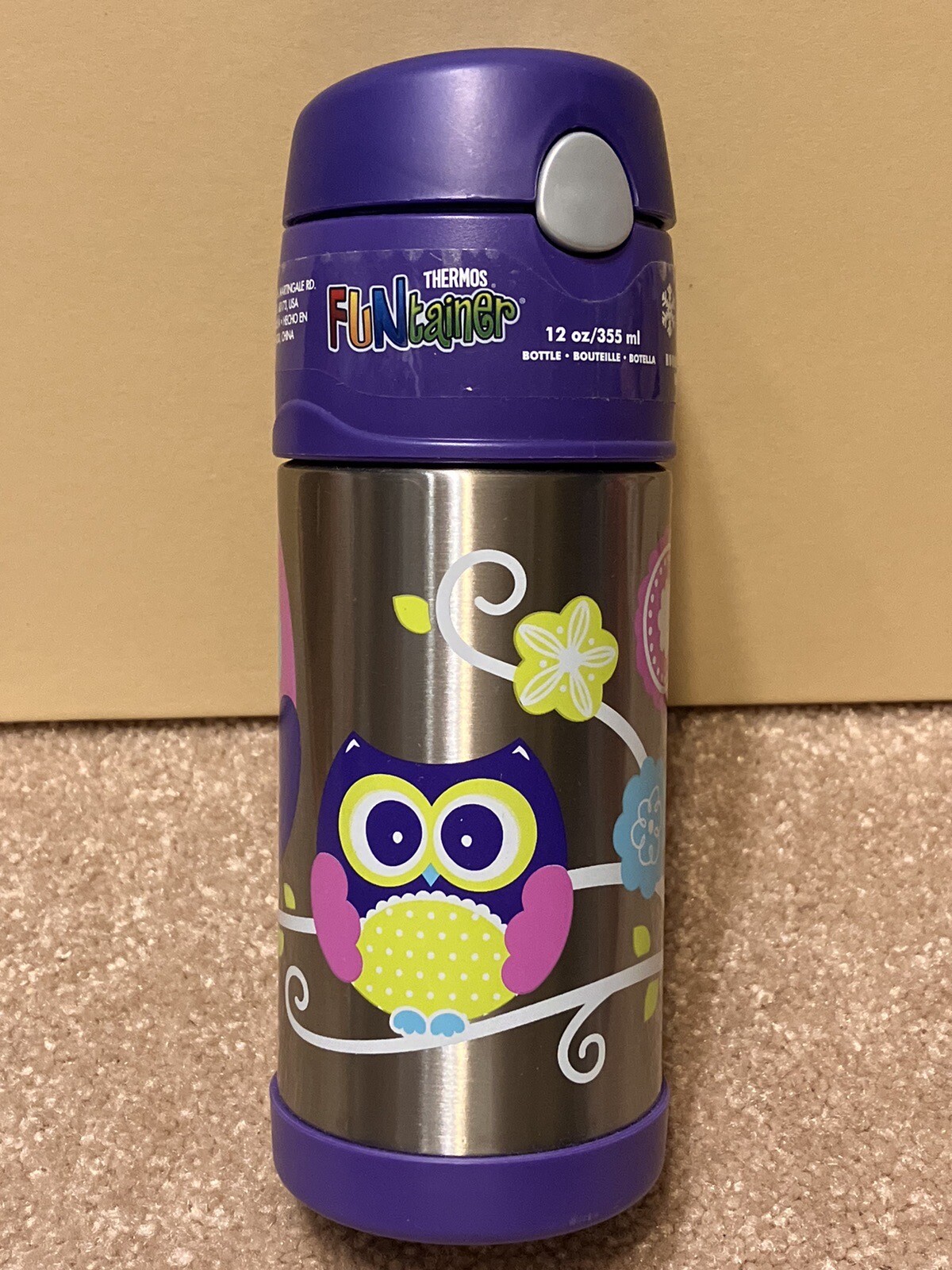 Funtainer 12 Oz Stainless Steel Insulated Bottle Purple Owls Flowers