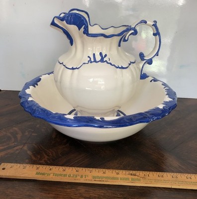 Vintage Large Hand Painted Blue and White Ceramic Wash Basin and Pitcher
