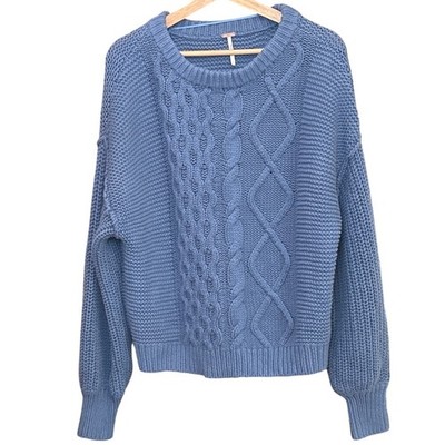 Free People Chunky Cable Knit Blue Sweater Slouchy Pullover Small Cozycore