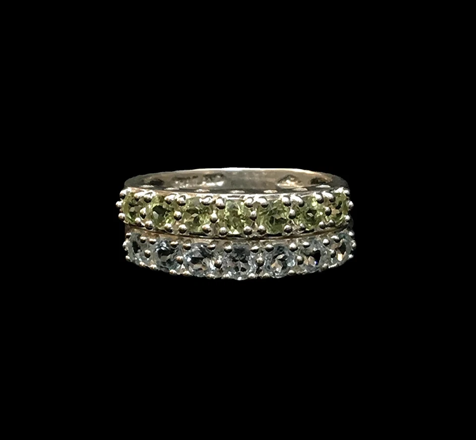 Sterling Silver Green Peridot And Light Blue Topaz Half Eternity Band Rings S8 - Image 3 of 4
