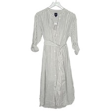 Gap Long Sleeve Belted Striped Shirt Dress Linen Blend S NEW Cream Black 