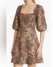 Ganni Womens Size 42 /8 Brown Floral Cotton Poplin Off Shoulder Mini Dress