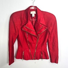 Cache Women Red Moto Jacket Silky Crinkle Gold Zip Blazer Small USA Evening
