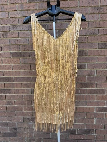 Gold Sequin Fringe Mini Dress Womens Size XS Fearless Showgirl Flapper Cocktail