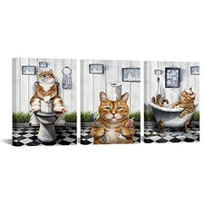Bathroom Wall Decor Orange Cat Wall Art Funny Animal Pictures12 W 12"Wx16"Hx3
