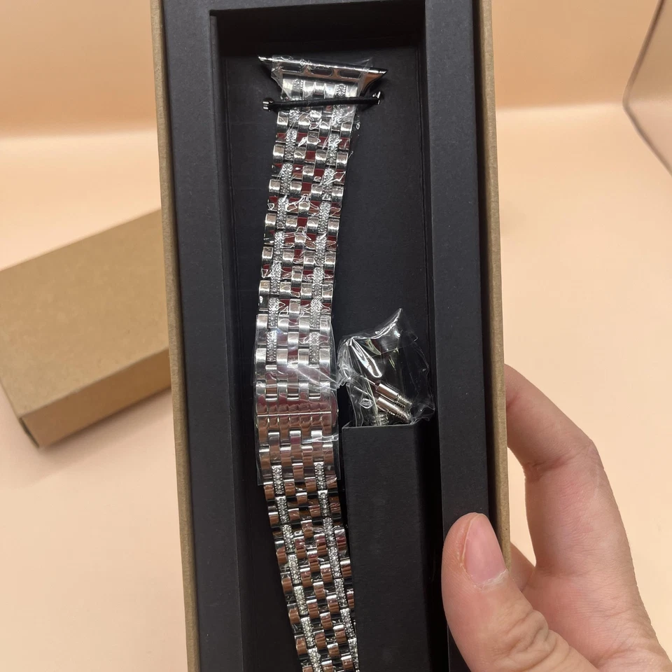 Quince Apple Watch Correa Acero Inoxidable Eslabones Pulsera Plata Estrás Nuevo Foto 3 de 4