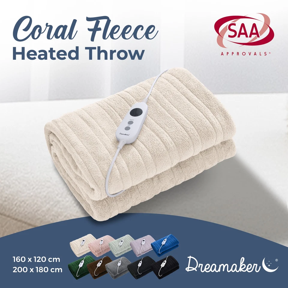 Dreamaker Electric Blanket Washable Heated Throw Rug Double Sided Coral Fleece