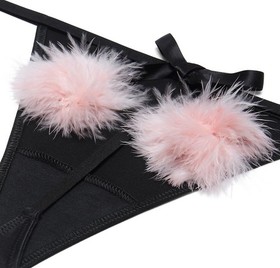 NWT VICTORIA SECRET DREAM ANGELS SATIN POM POM V-STRING THONG PANTY XL BLACK