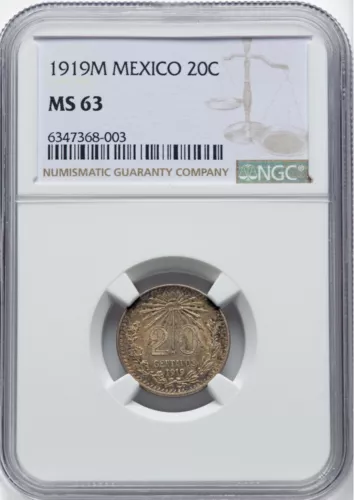 MEXICO ESTADOS UNIDOS 1919  20 CENTAVOS COIN NGC CERTIFIED UNCIRCULATED MS-63