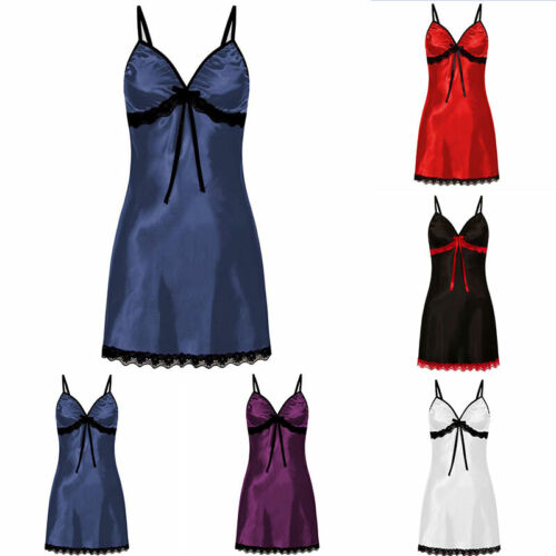 Womens Lace Satin Slip Ladies Sleepdress Nightdress Pajamas Robe Nightwear # `
